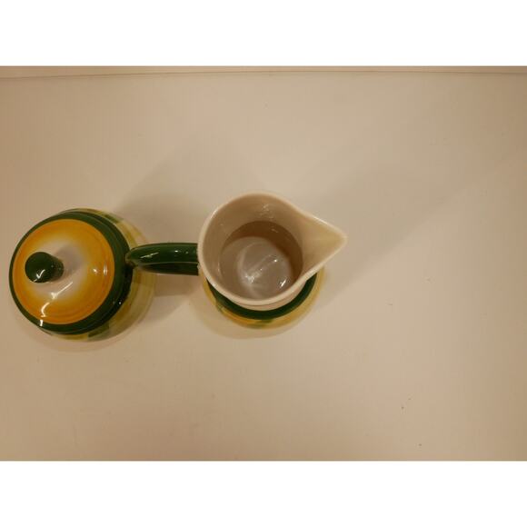 Vernonware Gingham Green Lidded Sugar Bowl And Creamer Set Hand Painted Vintage - Picture 4 of 13